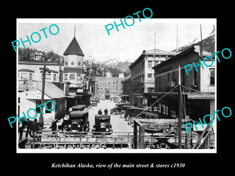 OLD LARGE HISTORIC PHOTO OF KETCHIKAN ALASKA, THE MAIN STREET & STORES c1930