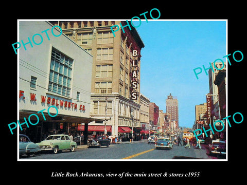 OLD LARGE HISTORIC PHOTO OF LITTLE ROCK ARKANSAS, THE MAIN STREET & STORES c1955