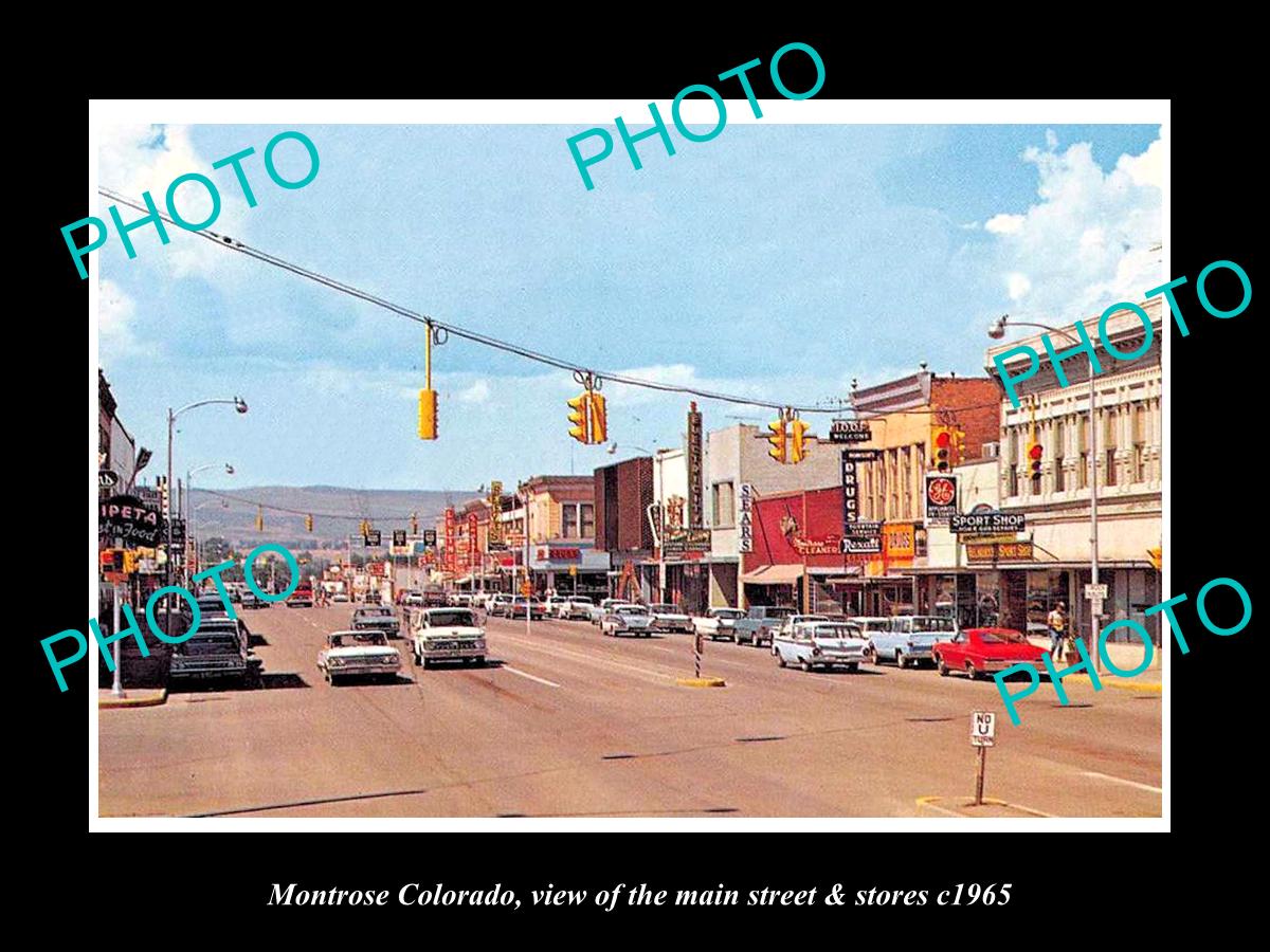 OLD LARGE HISTORIC PHOTO OF MONTROSE COLORADO, THE MAIN STREET & STORES c1965