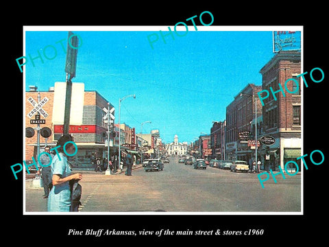 OLD LARGE HISTORIC PHOTO OF PINE BLUFF ARKANSAS, THE MAIN STREET & STORES c1960