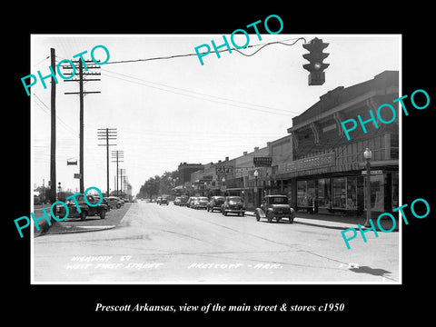 OLD LARGE HISTORIC PHOTO OF PRESCOTT ARKANSAS, THE MAIN STREET & STORES c1950