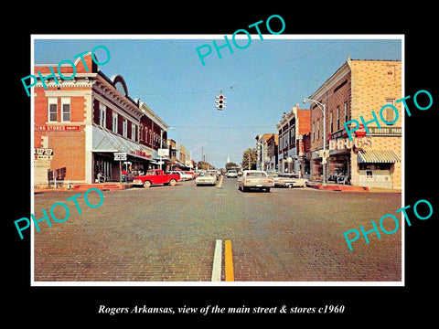 OLD LARGE HISTORIC PHOTO OF ROGERS ARKANSAS, THE MAIN STREET & STORES c1960