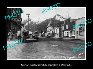 OLD LARGE HISTORIC PHOTO OF SKAGWAY ALASKA, THE MAIN STREET & STORES c1945