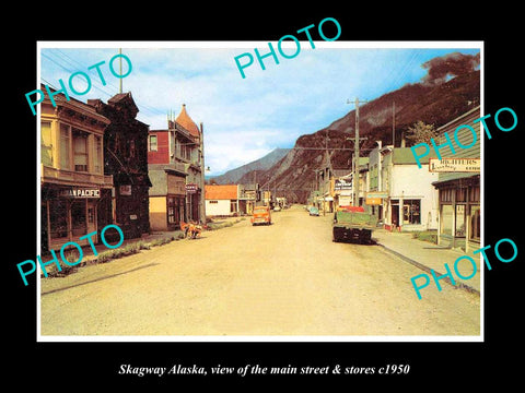 OLD LARGE HISTORIC PHOTO OF SKAGWAY ALASKA, THE MAIN STREET & STORES c1950