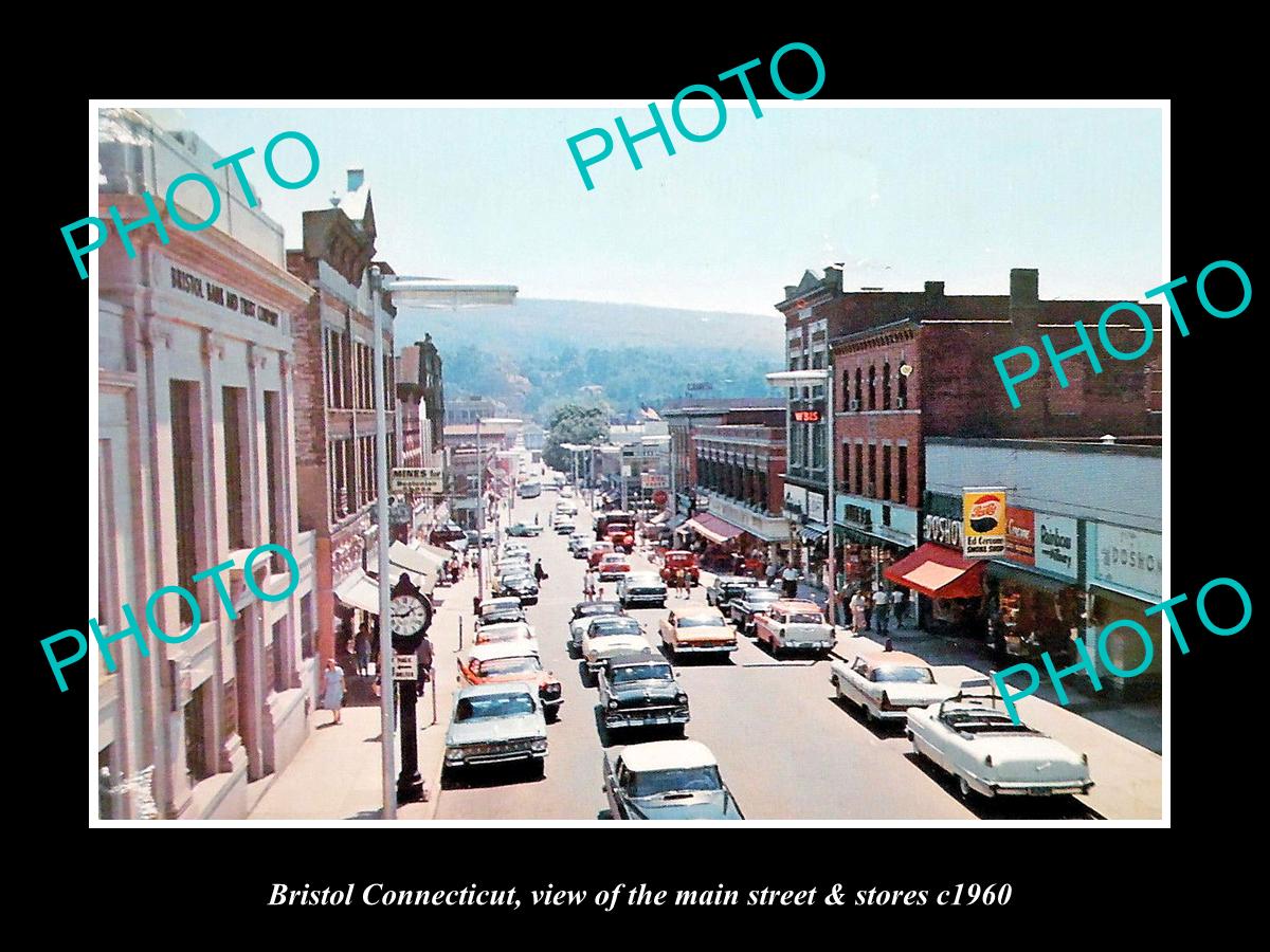 OLD LARGE HISTORIC PHOTO OF BRISTOL CONNECTICUT, THE MAIN STREET & STORES c1960