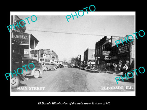 OLD LARGE HISTORIC PHOTO OF EL DORADO ILLINOIS, THE MAIN STREET & STORES c1940