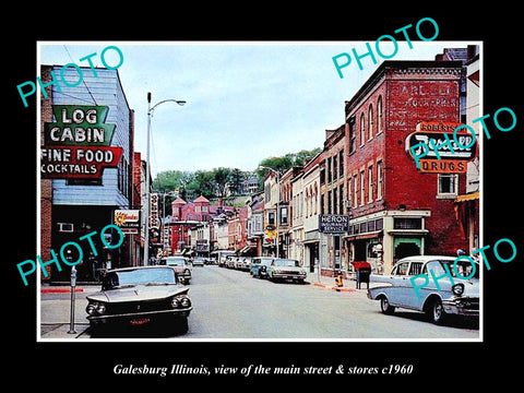 OLD LARGE HISTORIC PHOTO OF GALESBURG ILLINOIS, THE MAIN STREET & STORES c1960