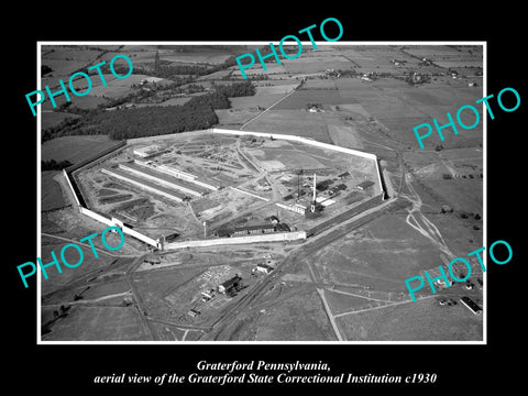 OLD LARGE HISTORIC PHOTO OF GRATERFORD PENNSYLVANIA, AERIAL VIEW OF PRISON c1930