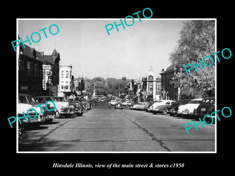 OLD LARGE HISTORIC PHOTO OF HINSDALE ILLINOIS, THE MAIN STREET & STORES c1950