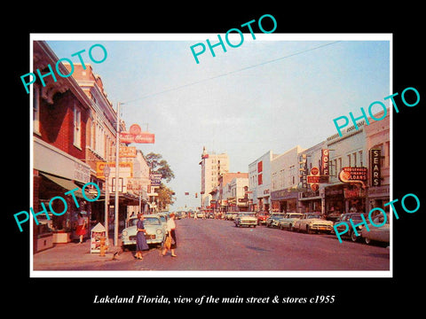 OLD LARGE HISTORIC PHOTO OF LAKELAND FLORIDA, THE MAIN STREET & STORES c1955