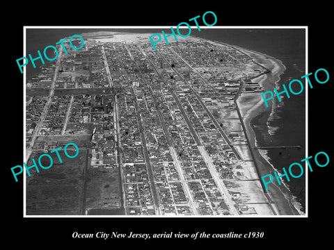 OLD LARGE HISTORIC PHOTO OF OCEAN CITY NEW JERSEY, AERIAL VIEW OF COASTLINE 1930