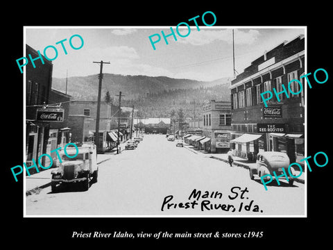 OLD LARGE HISTORIC PHOTO OF PRIEST RIVER IDAHO, THE MAIN STREET & STORES c1945