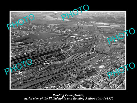 OLD LARGE HISTORIC PHOTO OF READING PENNSYLVANIA, THE P&R RAILROAD YARDS c1930