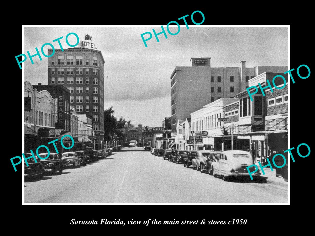 OLD LARGE HISTORIC PHOTO OF SARASOTA FLORIDA, THE MAIN STREET & STORES c1950