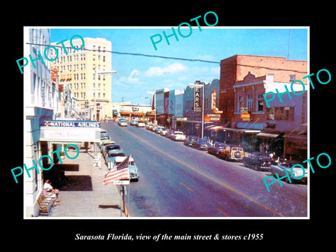 OLD LARGE HISTORIC PHOTO OF SARASOTA FLORIDA, THE MAIN STREET & STORES c1955