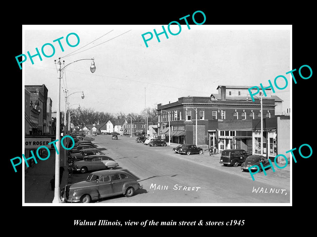 OLD LARGE HISTORIC PHOTO OF WALNUT ILLINOIS, THE MAIN STREET & STORES c1945