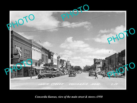 OLD LARGE HISTORIC PHOTO OF CONCORDIA KANSAS, THE MAIN STREET & STORES c1950