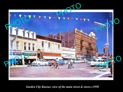 OLD LARGE HISTORIC PHOTO OF GARDEN CITY KANSAS, THE MAIN STREET & STORES c1950