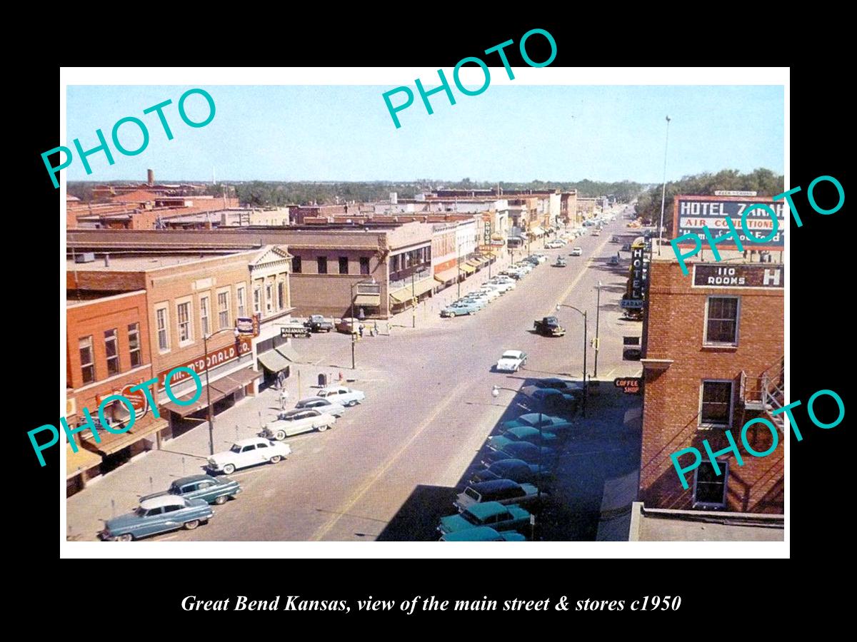 OLD LARGE HISTORIC PHOTO OF GREAT BEND KANSAS, THE MAIN STREET & STORES c1950