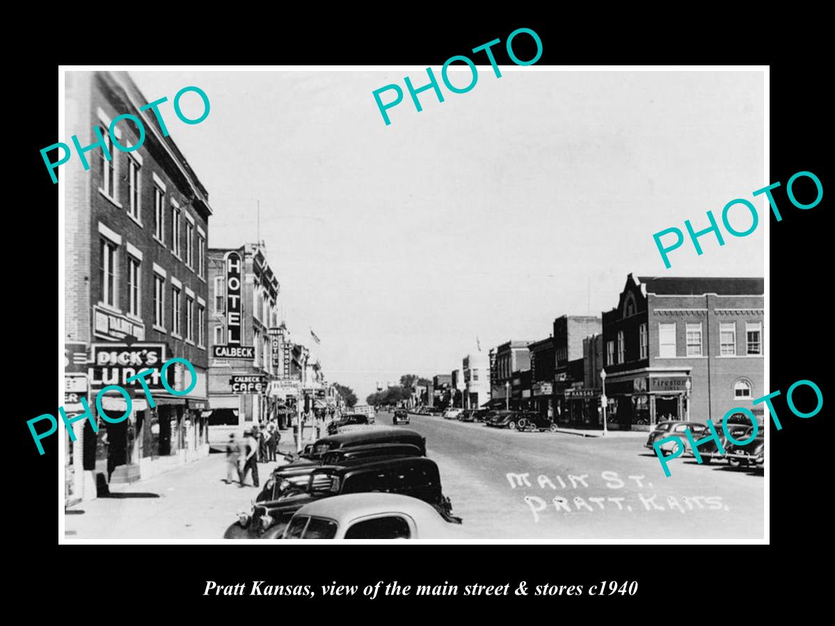 OLD LARGE HISTORIC PHOTO OF PRATT KANSAS, VIEW OF THE MAIN St & STORES 1940