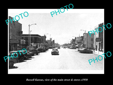 OLD LARGE HISTORIC PHOTO OF RUSSELL KANSAS, VIEW OF THE MAIN St & STORES 1950