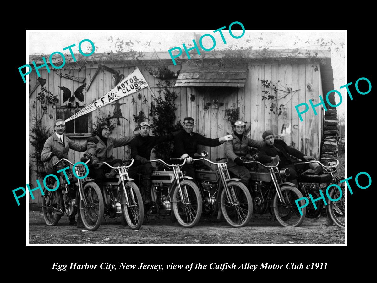 OLD LARGE HISTORIC PHOTO OF EGG HARBOR NEW JERSEY, CATFISH MOTORCYCLE CLUB c1911