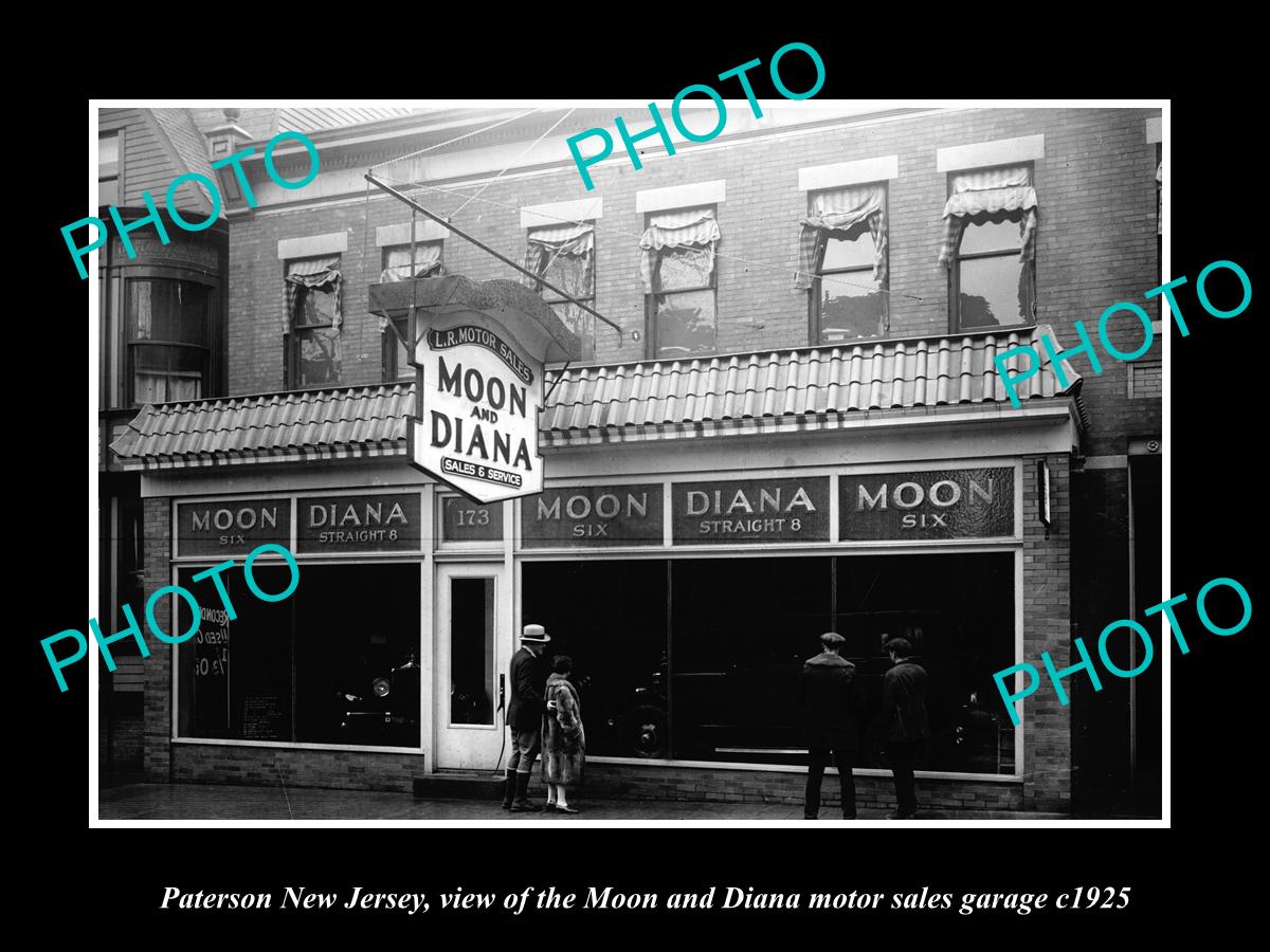 OLD LARGE HISTORIC PHOTO OF PATERSON NEW JERSEY, MOON & DIANA MOTOR GARAGE c1925