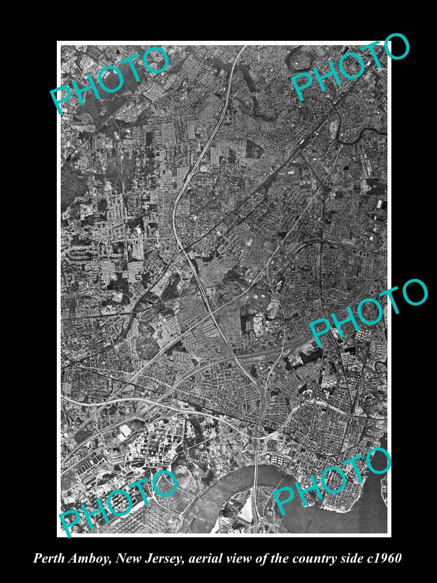 OLD LARGE HISTORIC PHOTO OF PERTH AMBOY NEW JERSEY, AERIAL VIEW OF THE AREA 1960