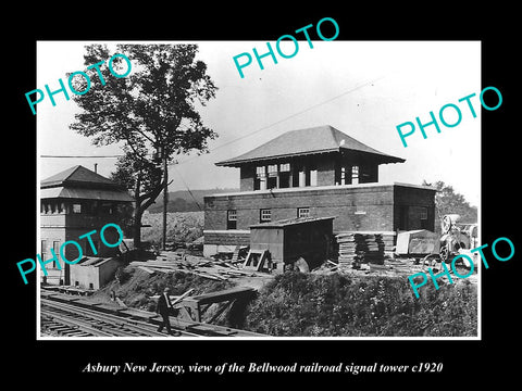 OLD LARGE HISTORIC PHOTO OF ASBURY NEW JERSEY, THE RAILROAD SIGNAL TOWER c1920