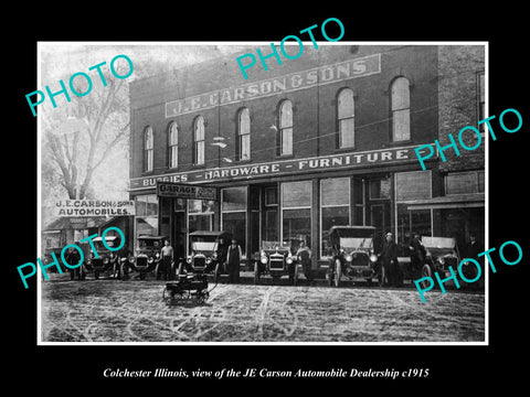 OLD LARGE HISTORIC PHOTO OF COLCHESTER ILLINOIS, THE CARSON CAR DEALERSHIP c1915