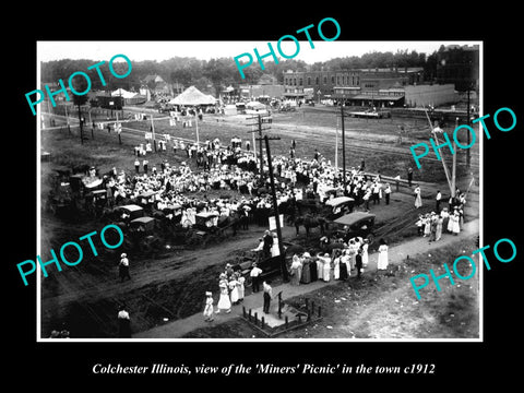 OLD LARGE HISTORIC PHOTO OF COLCHESTER ILLINOIS, VIEW OF THE MINERS PICNIC c1912