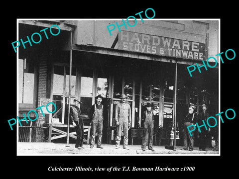 OLD LARGE HISTORIC PHOTO OF COLCHESTER ILLINOIS, THE BOWMAN HARDWARE STORE c1900