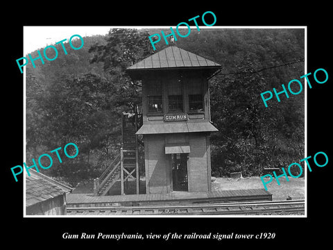 OLD LARGE HISTORIC PHOTO OF GUM RUN PENNSYLVANIA, THE RAILROAD SIGNAL TOWER 1920