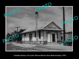 OLD HISTORIC PHOTO OF COLUMBUS KANSAS, THE MKT RAILROAD DEPOT c1950