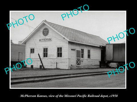 OLD HISTORIC PHOTO OF McPHERSON KANSAS, MISSOURI PACIFIC RAILROAD DEPOT c1950