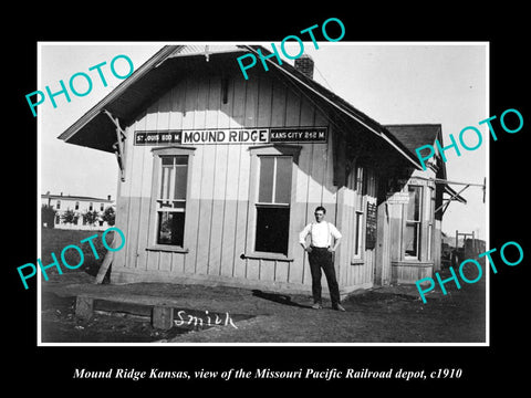 OLD HISTORIC PHOTO OF MOUND RIDGE KANSAS, MISSOURI PACIFIC RAILROAD DEPOT c1910