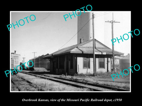 OLD HISTORIC PHOTO OF OVERBROOK KANSAS, MISSOURI PACIFIC RAILROAD DEPOT c1950