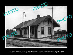 OLD LARGE HISTORIC PHOTO OF ST PAUL KANSAS, THE MKT RAILROAD DEPOT c1950