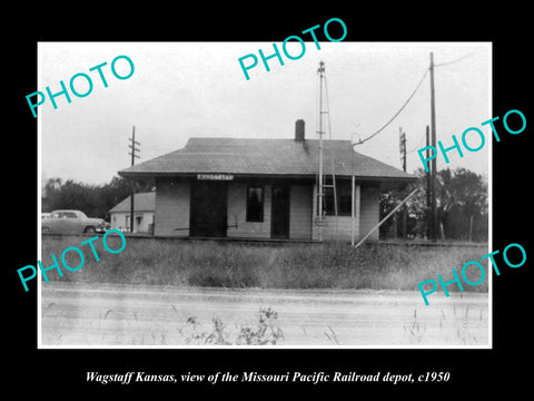 OLD HISTORIC PHOTO OF WAGSTAFF KANSAS, MISSOURI PACIFIC RAILROAD DEPOT c1950