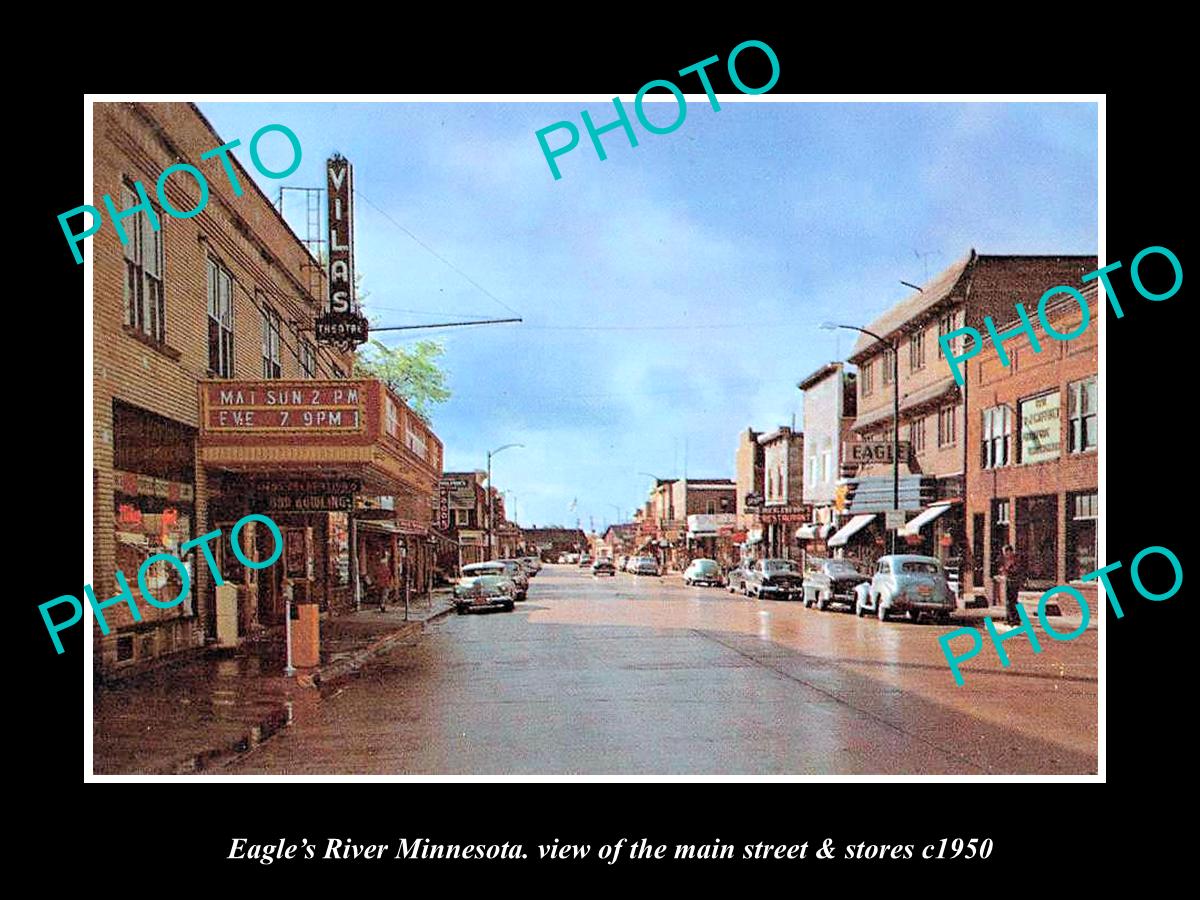 OLD LARGE HISTORIC PHOTO OF EAGLES RIVER MINNESOTA, THE MAIN ST & STORES c1950