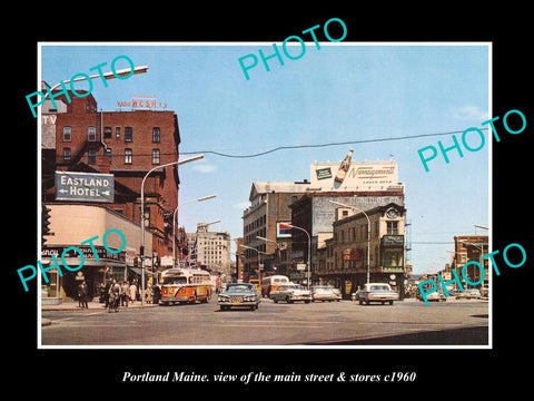 OLD LARGE HISTORIC PHOTO OF PORTLAND MAINE, THE MAIN STREET & STORES c1960