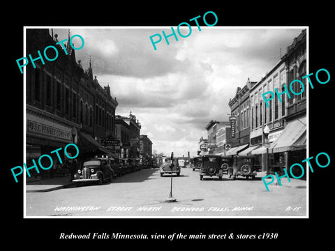 OLD LARGE HISTORIC PHOTO OF REDWOOD FALLS MINNESOTA, THE MAIN ST & STORES c1930