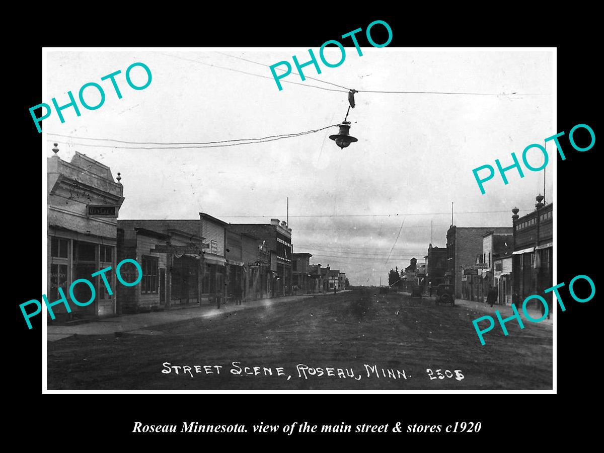 OLD LARGE HISTORIC PHOTO OF ROSEAU MINNESOTA, THE MAIN STREET & STORES c1920