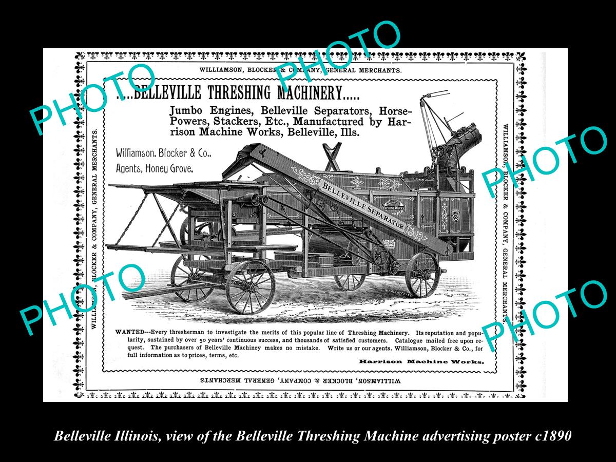 OLD LARGE HISTORIC PHOTO OF BELLEVILLE ILLINOIS, THE THRESHING AD POSTER c1890