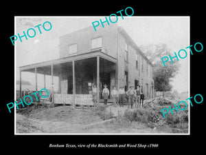 OLD LARGE HISTORIC PHOTO OF BONHAM TEXAS, THE BLACKSMITH & WOOD SHOP c1900