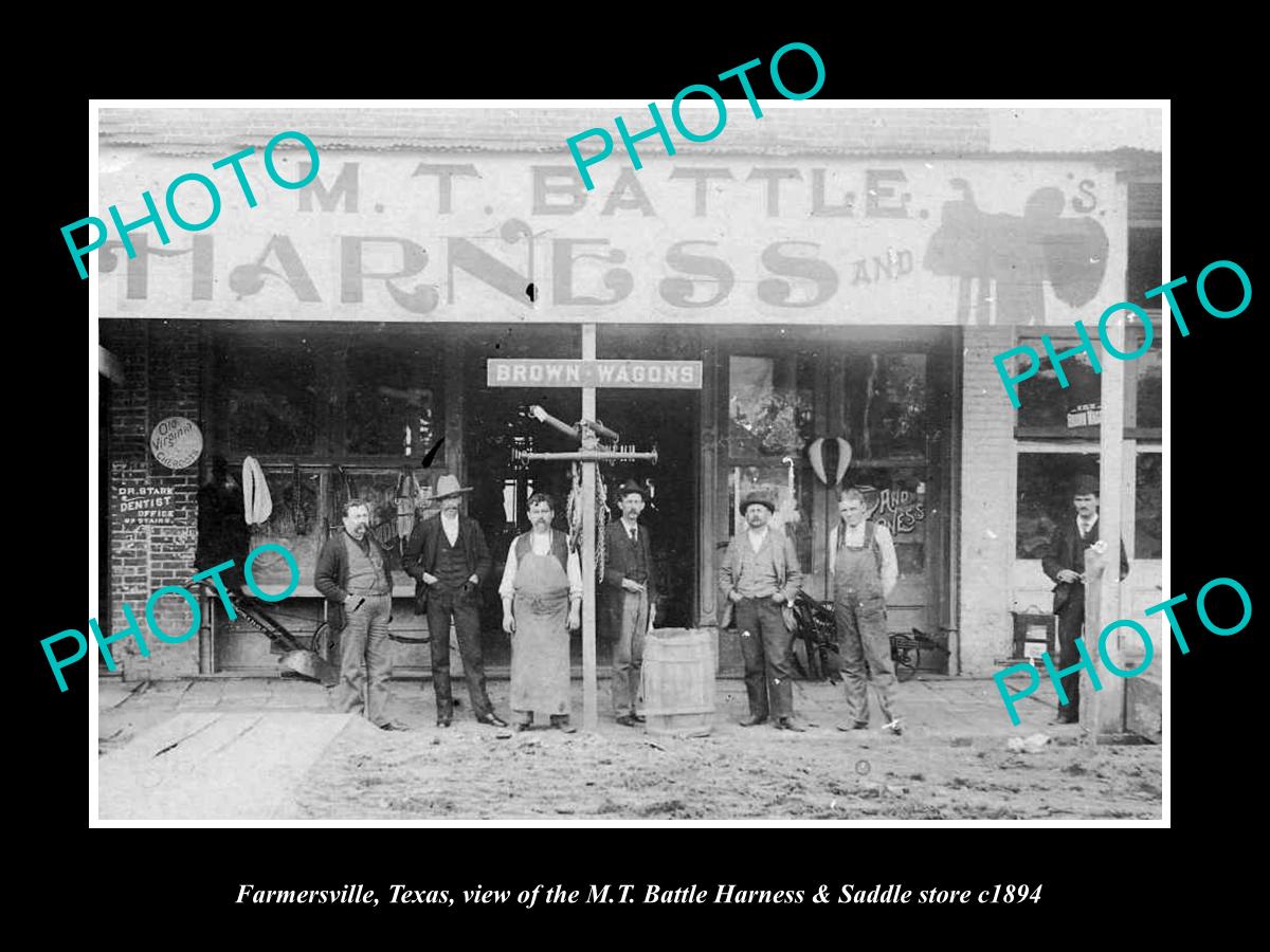 OLD LARGE HISTORIC PHOTO OF FARMERSVILLE TEXAS, THE HARNESS & SADDLE STORE c1894