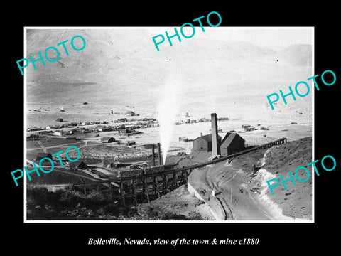 OLD LARGE HISTORIC PHOTO OF BELLEVILLE NEVADA, VIEW OF THE TOWN & MINE c1880