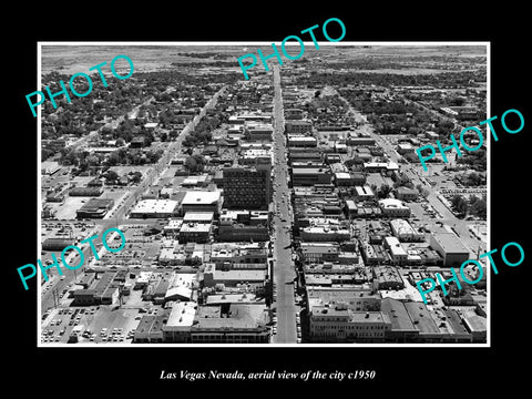 OLD LARGE HISTORIC PHOTO OF LAS VEGAS NEVADA, AERIAL VIEW OF THE CITY c1950