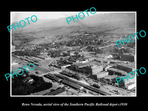 OLD LARGE HISTORIC PHOTO OF RENO NEVADA, AERIAL VIEW OF RAILROAD DEPOT c1930