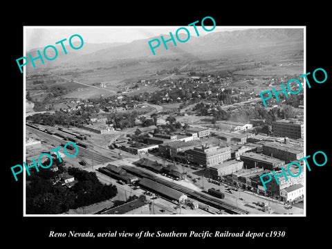 OLD LARGE HISTORIC PHOTO OF RENO NEVADA, AERIAL VIEW OF RAILROAD DEPOT c1930